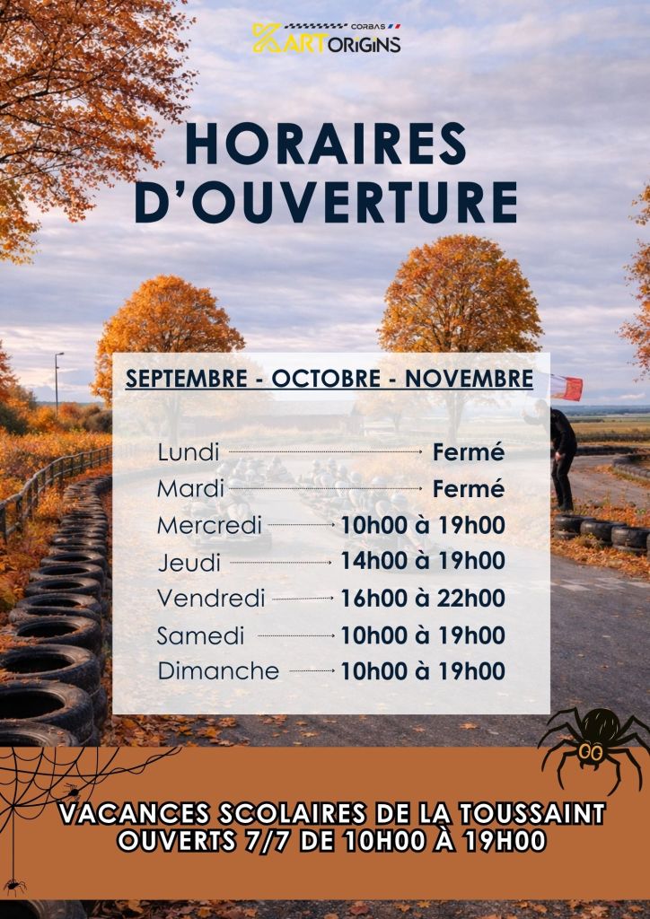 Copie de Horaires Hiver Bleu et Blanc Simple Horaires d’Hiver A4 (A4) Kart Origins | Votre karting sur la région de Lyon
